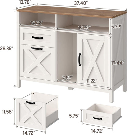 Lateral File Cabinet with 2 Drawers and Door, Farmhouse File Cabinet for A4/Letter Size Hanging Files, Large Wood File Storage Cabinets Printer Stand with Open Space for Home Office Furniture, White