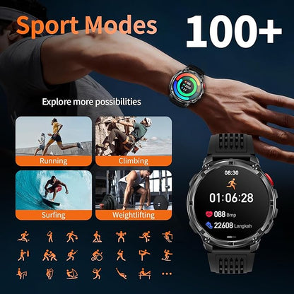Mens Smart Watch for Android Phones and iPhone,Military Sport Smart Watches for Men Fitness Tracker Watch with Flashlight/Compass/Waterproof/100 Days Battery/Heart Rate/Sleep/100+ Sport Modes