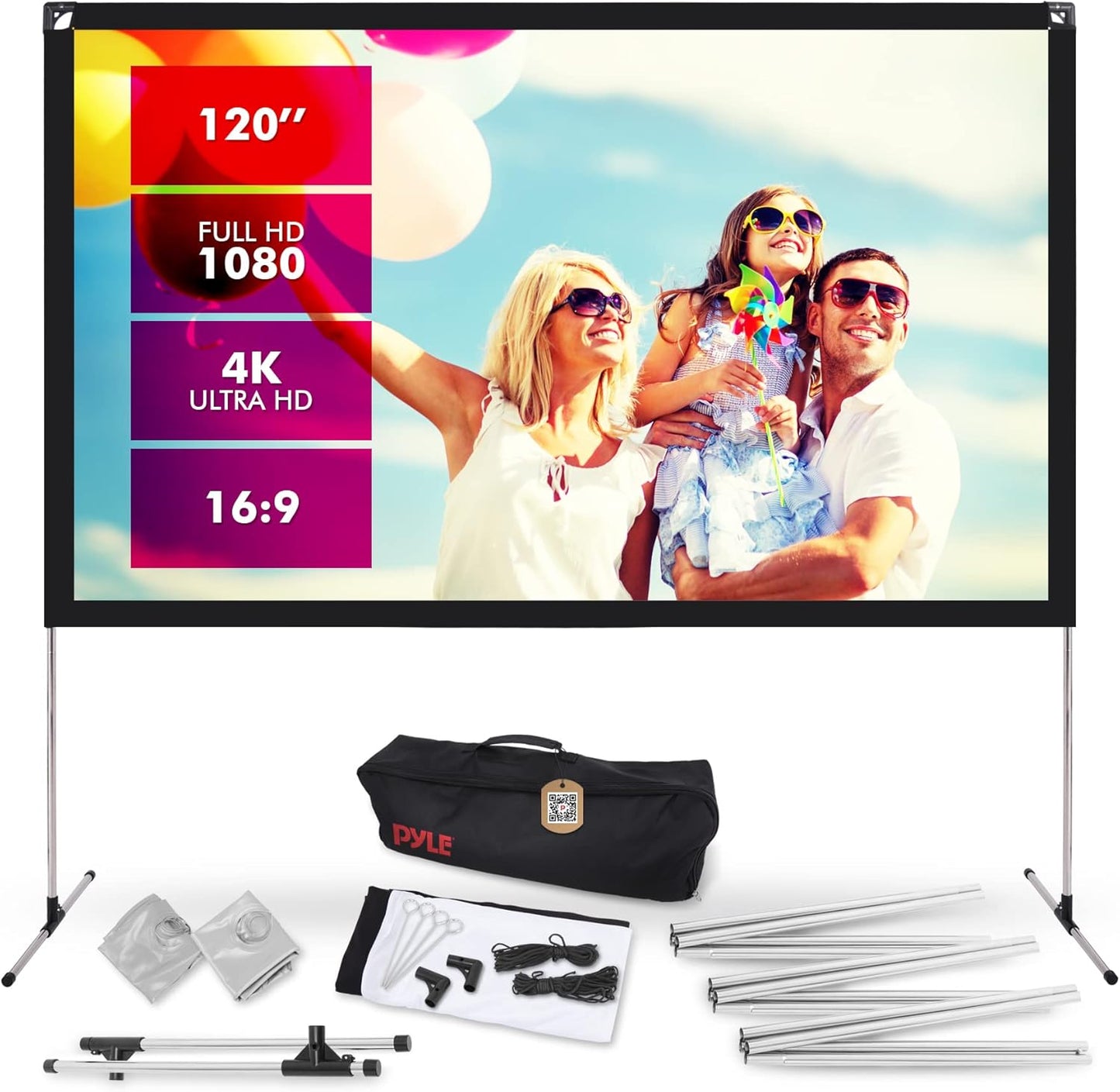 Pyle Projector Screen with Stand - 120'' 16:9 HD 4K Portable Lightweight Freestanding Foldable Indoor Outdoor Movie Projection Display with Frame for Home Theater