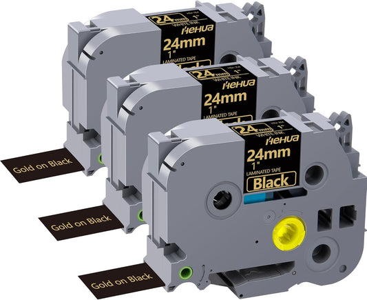 Hehua Tze 24mm 0.94 Inch Laminated Black Tape Compatible for Brother P-Touch TZe-354 TZe354 TZ-354 TZ354 Label for Ptouch PT D600 D610 P710bt, 1'' x 26.2ft Gold on Black, 3 Pack