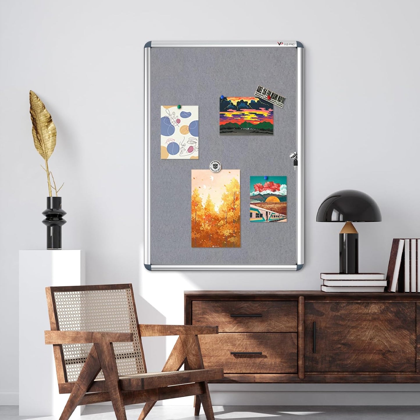 VIZ-PRO Tamperproof Lockable Gray Fabric Noticeboard Aluminium Framed 36x24 Inches