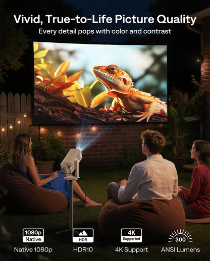 Aurzen BOOM Air Google TV Portable Projector with WiFi and Bluetooth, USB-C Powered, Smart Projector for Outdoor & Home Movie, 4K Supported, Real-Time Focus, Dolby Audio, Adjustable Stand, Off-White