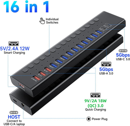 Powered USB 3.0 Hub, 16-Port USB C Hub Splitter (10 USB 3.0+2 QC 3.0+2 Smart Charging+2 USB-C 3.0) with Individual Switches, 12V 7.5A 90W UL Certified Power Adapter for Laptop, Mac, PC, Computer