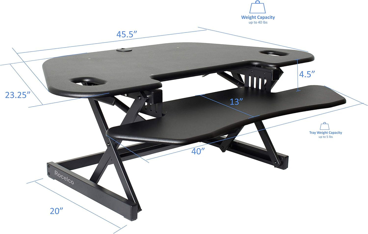 Rocelco 46" Height Adjustable Corner Standing Desk Converter with Dual Monitor Arm Bundle - Quick Sit Stand Up Computer Workstation Riser - Extra Large Keyboard Tray - Black (R CADRB-46-DM2)