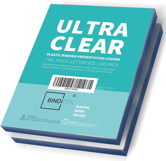 Binditek 200 Pack 7 Mil Clear Covers for Binding, Ultra Clear, 8.5 x 11 Inches, Letter Size, Square Corners, Un-Punched, Office Supplies