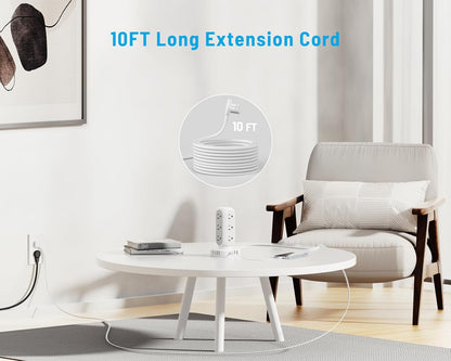 65W Fast Charging Station, Flat Plug Power Strip Tower with 12 AC Outlets & 8 USB Ports (2 PD USB-C Ports), 10FT Extension Cord, Compatible for MacBook Pro, iPhone Series.