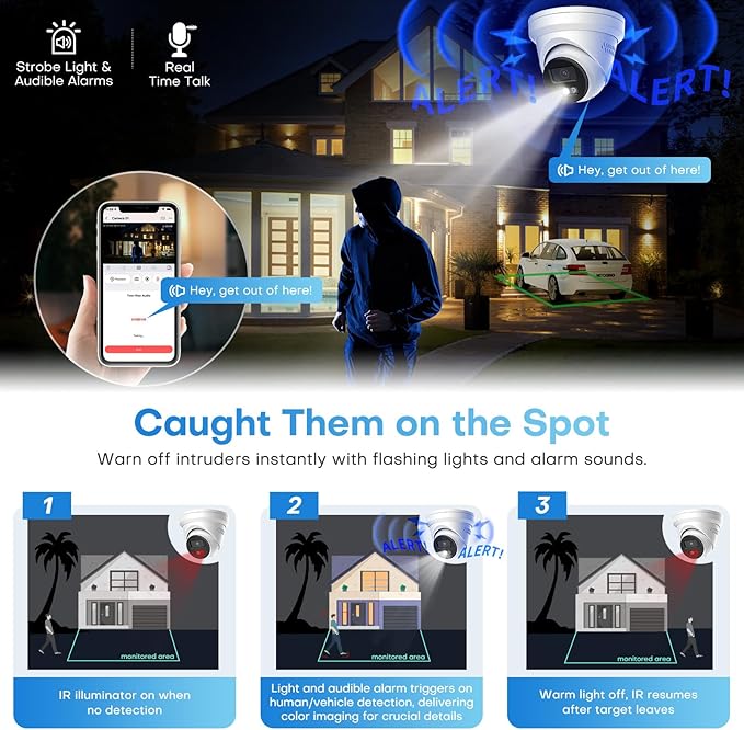 5MP Outdoor PoE IP Turret Camera, Sound & Light Alarm, Active Deterrence, Smart Color Night Vision (98ft), 2-Way Audio, AI Human/Vehicle Detection, Full Metal IP67, 115°Wide Angle, 120dB WDR