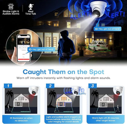 5MP Outdoor PoE IP Turret Camera, Sound & Light Alarm, Active Deterrence, Smart Color Night Vision (98ft), 2-Way Audio, AI Human/Vehicle Detection, Full Metal IP67, 115°Wide Angle, 120dB WDR
