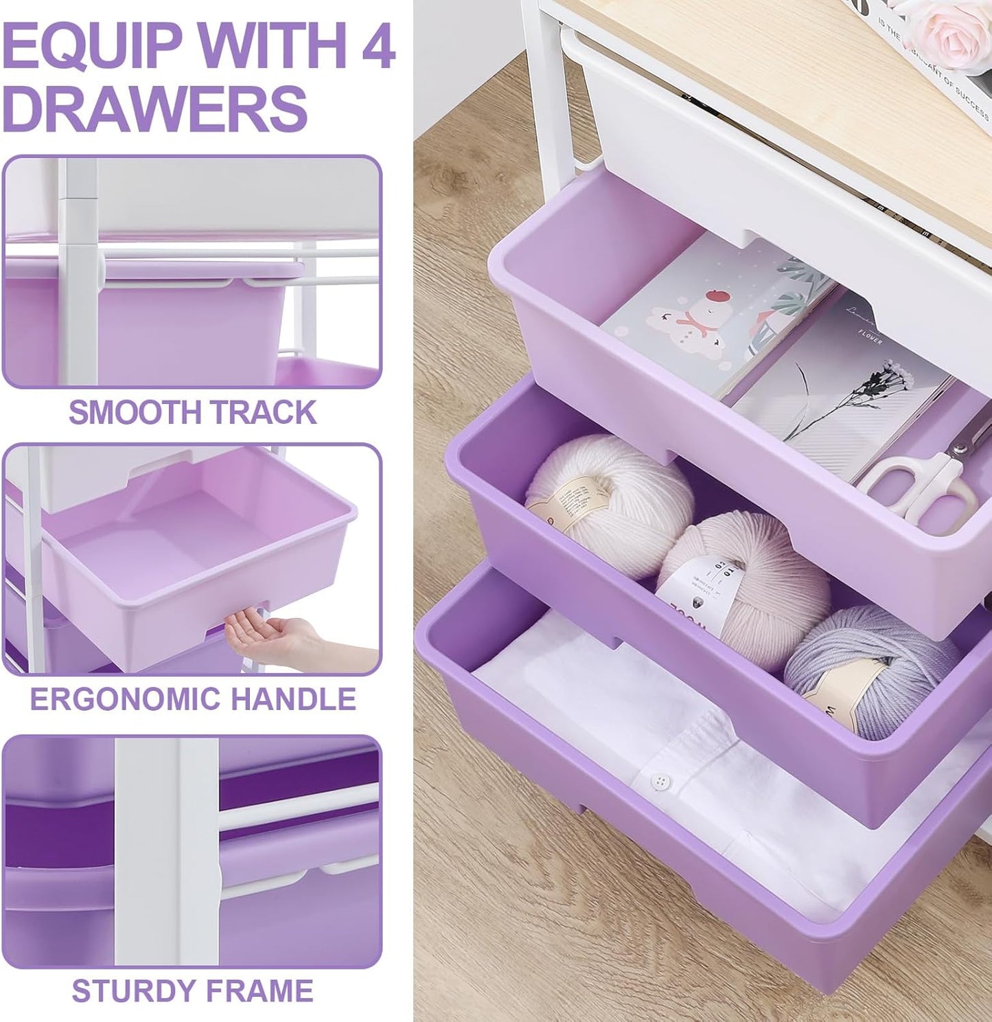 Utility Cart with 4 Drawers,Rolling Storage Cart with Drawers,Storage Rolling Drawer Cart with Wooden Tabletop for Bedroom,Kid's Room,Dorm,Classroom,Office, Purple