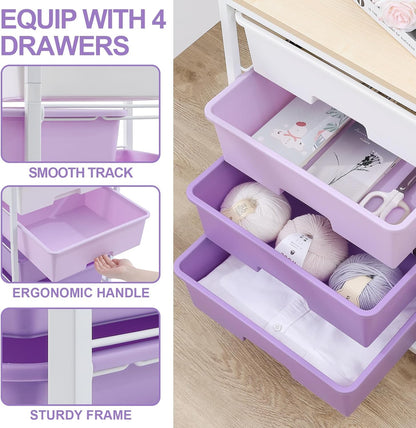 Utility Cart with 4 Drawers,Rolling Storage Cart with Drawers,Storage Rolling Drawer Cart with Wooden Tabletop for Bedroom,Kid's Room,Dorm,Classroom,Office, Purple