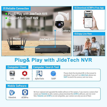 JideTech 200X Hybrid Zoom 4K 8MP Outdoor PTZ IP PoE Security Camera, Auto Tracking Dome Surveillance Camera, Human/Vehicle Detection, 492ft IR Night Vision, Two-Way Talk, IP66, for RTMP,Blue Iris