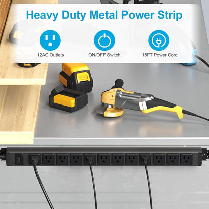 HHSOET 360° Rotating 12 Outlet Mountable Power Strip, Metal Gaming Table Mounted Outlet Strip, Heavy Duty Wall Mount Surge Protector with Switch, Works Great and Very Versatile, 15ft Power Cord.Black