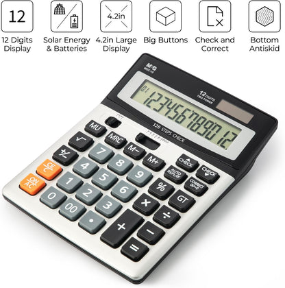 M&G Desk Calculator 12 Digit Extra Large LCD Display Calculators with Check & Correct, Dual Solar Power and Battery, Multi-Functional Financial Office Business Calculator with Big Buttons