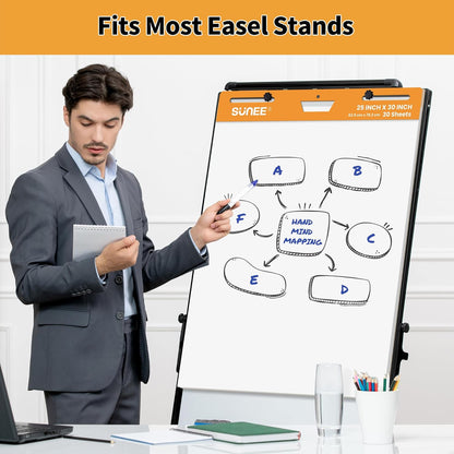 SUNEE Sticky Easel Pads, 25 x 30 Inches Chart Paper (6 Pack), Self Stick Easel Paper for White Board, Large White Premium Self Stick Flip Chart Paper, 30 Sheets/Pad, 6 Pads