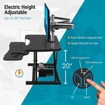VERSADESK PowerPro™ 36 Inch Electric Standing Desk Converter, Height Adjustable Sit to Stand Up Desk Riser, Laptop and Dual Monitor Desktop Workstation with Wide Keyboard Tray and USB Port, Black