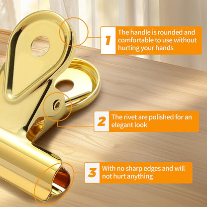 SIAMESE Bulldog Clips, 8 Pcs Binder Clips for Office & Kitchen, Multi-Purpose Binder and Food Bag Clamps for Sealing, Storage, Hanging (Gold)
