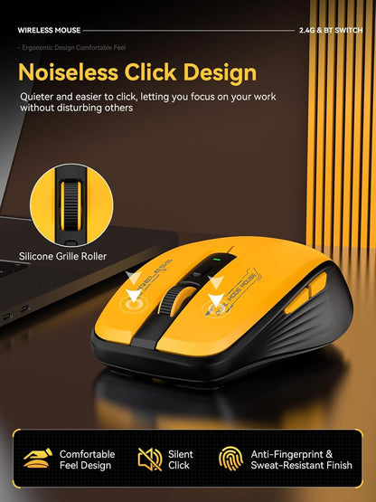 Wireless Mouse (Bluetooth & 2.4GHz USB) with Forward/Backward Side Keys, Silent Click, Ergonomic Portable AA Battery Mice for Laptop/Mac/iPad - Office & Travel Use, Yellow & Black