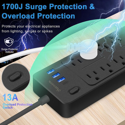 15 FT Power Strips with Surge Protection 1625W/13A,10 Outlets with 4 USB Ports (1 USB C) Long Extension Cord with Multiple Outlets 14-in-1 1700J 16Awg Flat Plug Power Strip Protector Black, ETL Listed
