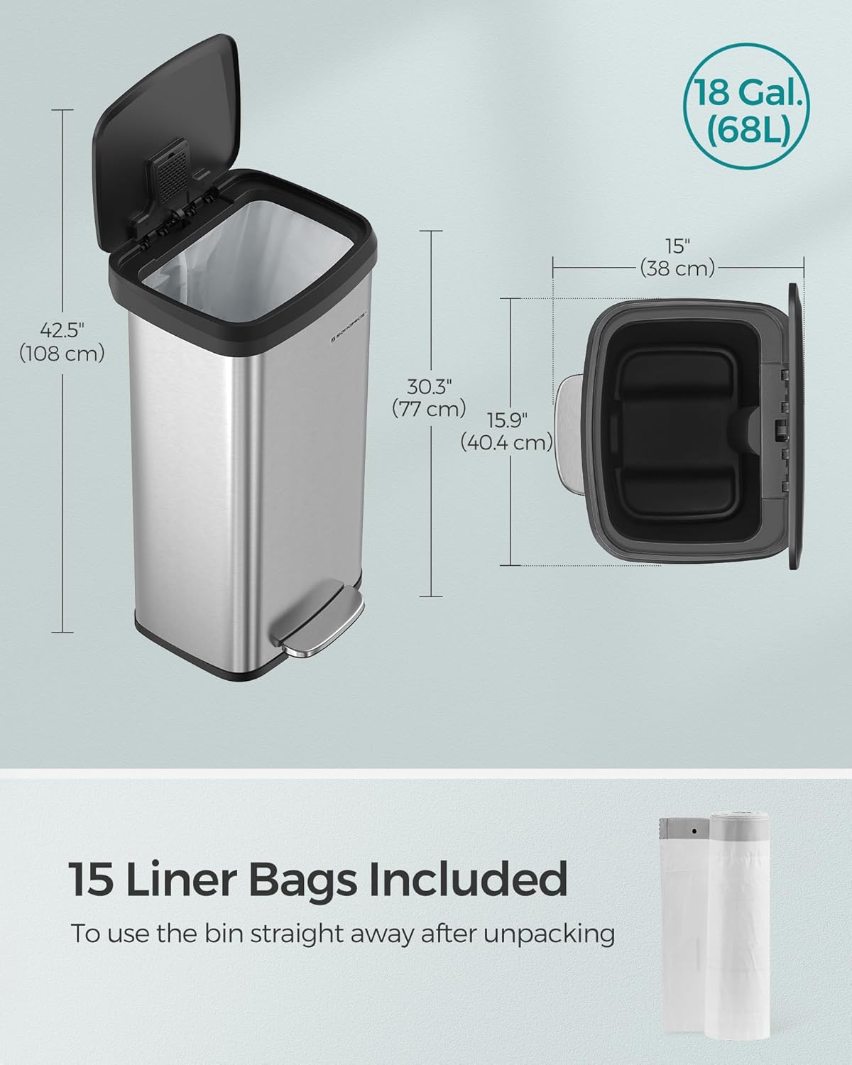 SONGMICS Kitchen Trash Can, 18-Gallon Stainless Steel Garbage Can, with Stay-Open Lid and Step-on Pedal, Soft Closure, Tall, Large and Space-Saving, Silver and Black ULTB520E68