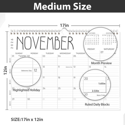 GuassLee Wall Calendar 2026 12 Months Planner Through Jan. 2026 to Dec 2026 17" X 12" Paper Monthly Planner Wall Hanging Calendar with Thick Paper for Easy Organizing