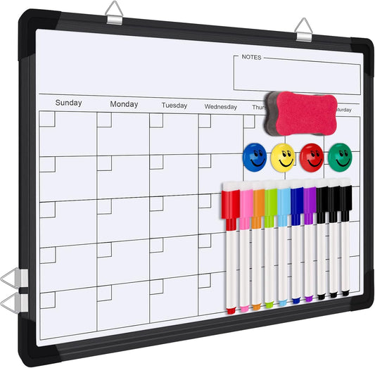 Polegas Dry Erase Whiteboard Calendar, Magnetic White Board Dry Erase Calendar, 16" X 12" Monthly Calendar Whiteboard for Wall, Small Double Side Board to Do List for Home, School, Office (Black)