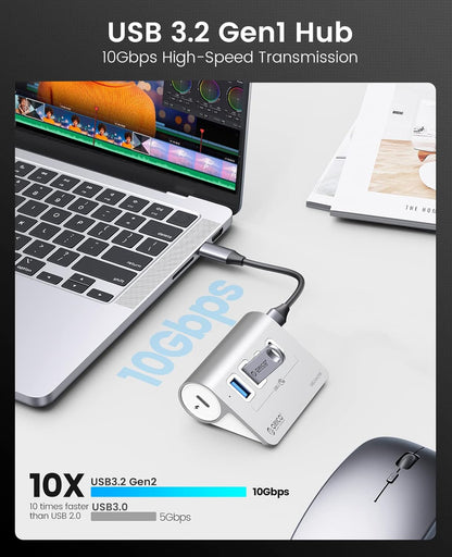 ORICO 4-Port USB 3.2 Gen 2 Hub 10Gbps with 2 USB A +2 USB C, Aluminium Hub with 1.64Ft USB-C Cable and USB-A Adapter USB Splitter for iMac, MacBooks, Mac mini