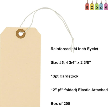 Tags with Elastic String Attached - #5, 4 3/4" x 2 3/8" Box of 200 Manila Paper Label Tags with Elastic Loop and Reinforced Hole
