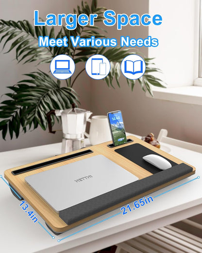 Laptop Lap Desk, Portable Large Laptop Desk for Bed, Up to 17 in Lap Table with Wrist Rest, Mouse Pad, Tablet Phone Slot, Portable Handle, Cushion (Light Brown)