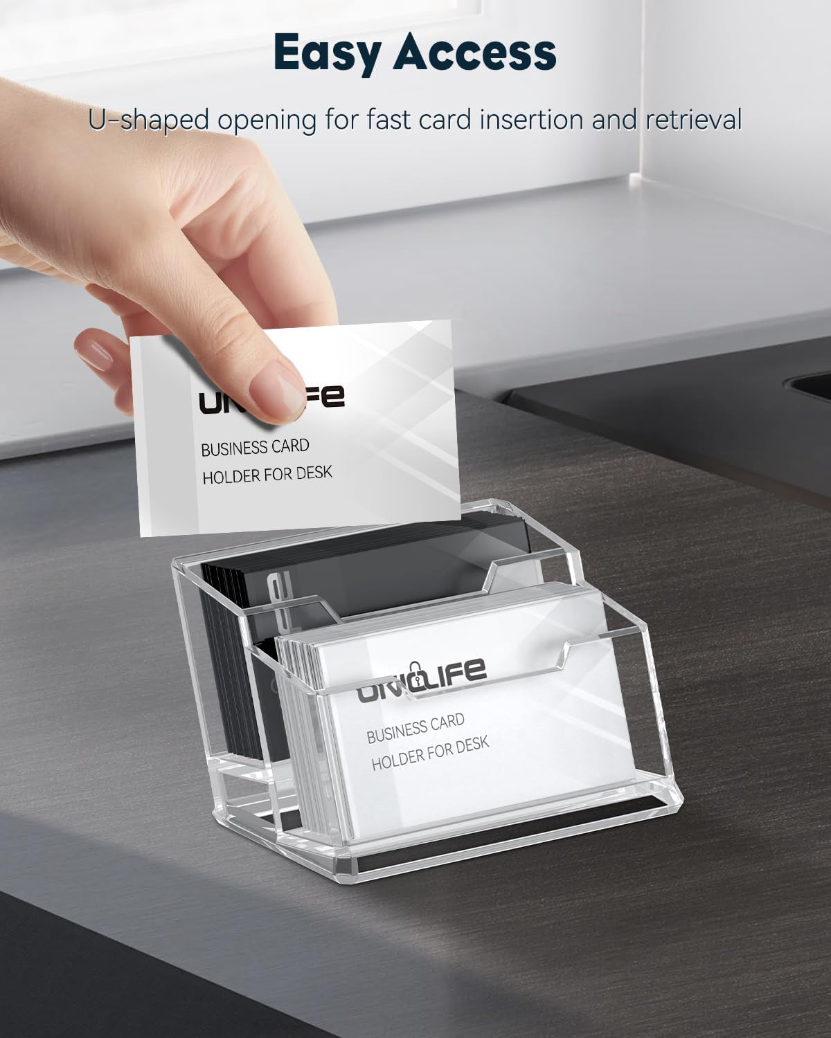 Uniclife Acrylic Business Card Holder for Desk 2 Slots Clear Business Card Display Stand for Men & Women Desktop Business Card Organizer Card Stand for Office Home Exhibition, 120 Card Capacity