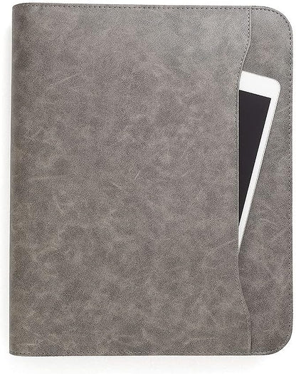 Padfolio Binder - Professional Faux Leather Travel Organizer Pouch for Tablet, Documents, Presentation Folders, Zipper Closure, Detachable 3-Ring Notepad - Gray