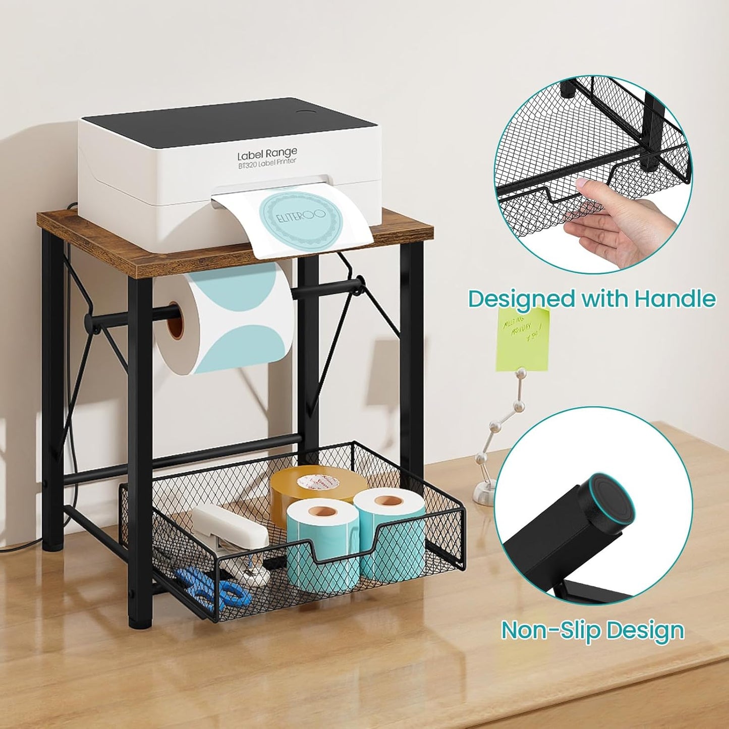 ELITEROO Label Holder for Rolls and Fan-Fold Labels, Wooden Thermal Label Holder for Desktop Label Printer, Shipping Label Stand for Thermal Printer Accessory, for Home Office Small Businesses, Brown