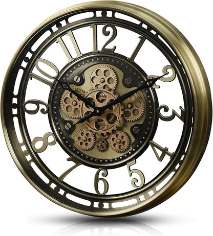 CLXEAST 21 Inch Industrial Moving Gears Wall Clock,Modern Farmhouse Arabic Numeral Battery Operated Silent Wall Clock for Living Room Decor,Brushed Gold,House Warming Gifts New Home