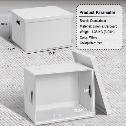 File Organizer Box, Collapsible Storage Filling Box with Lid for Letter Legal Size Hanging Folders Decorative Linen File Folder Box Document Storage Filing Bin, White 2 Pack