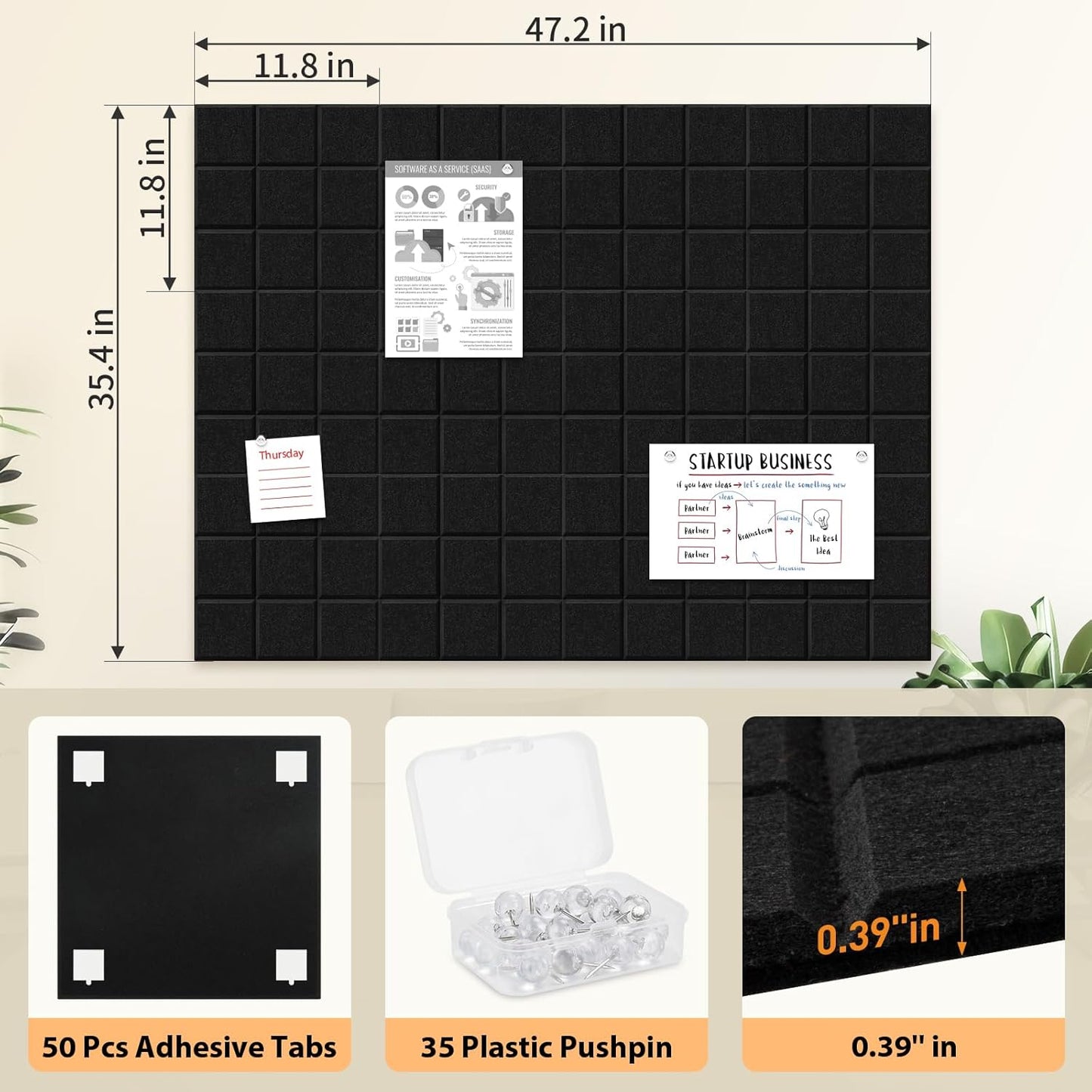 Smarpau Large Cork Board 12 Pack, Black Bulletin Board for Walls 48"x36", Pin Board with 35 Pushpins 50 Removable Security Stickers, Cork Wall Tiles for Home School Decor