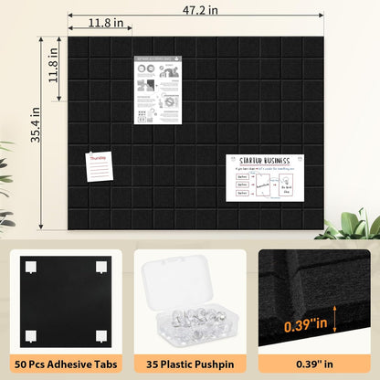 Smarpau Large Cork Board 12 Pack, Black Bulletin Board for Walls 48"x36", Pin Board with 35 Pushpins 50 Removable Security Stickers, Cork Wall Tiles for Home School Decor
