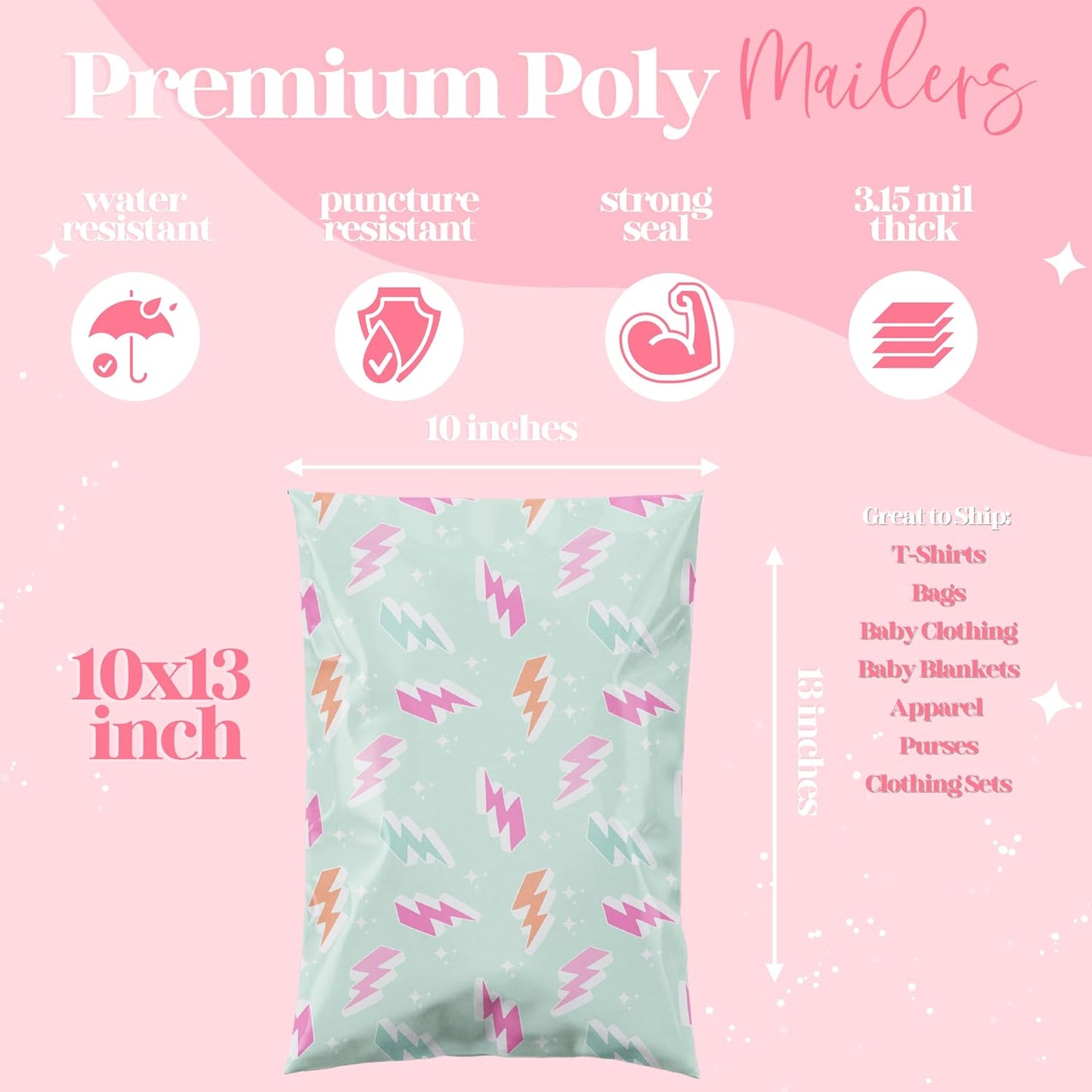 10x13 Designer Poly Mailer 100 Pack Heavy Duty Waterproof Self Seal Shipping Bags for Small Business Large Mailing Envelopes Bulk Tear Resistant Cute Packaging Lightning Bolt