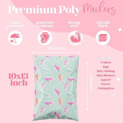 14.5x19 Designer Poly Mailer 100 Pack Heavy Duty Waterproof Self Seal Shipping Bags for Small Business Large Mailing Envelopes Bulk Tear Resistant Cute Packaging Lightning Bolt