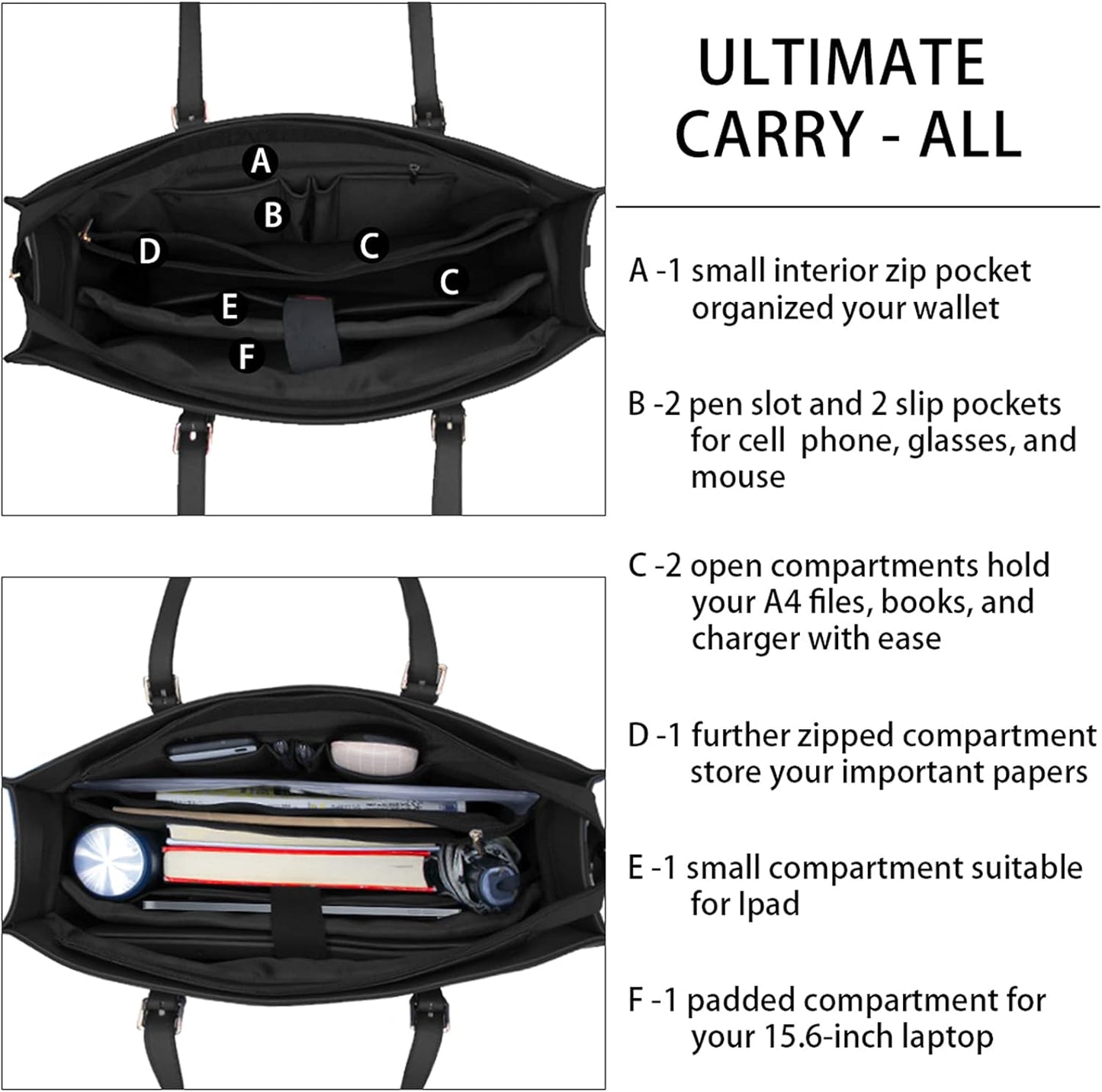 Laptop Bag for Women Waterproof Lightweight Leather 15.6 Inch Computer Tote Bag Business Office Briefcase Large Capacity Handbag Shoulder Bag Professional Office Work Bag Black