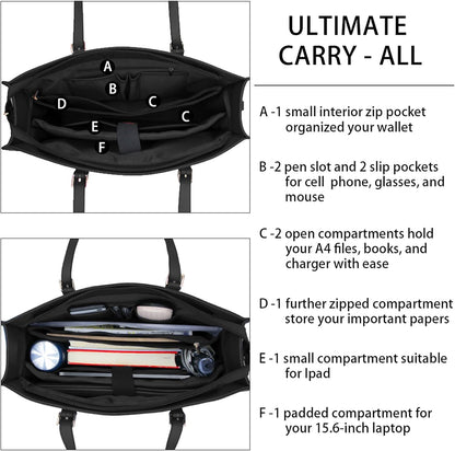 Laptop Bag for Women Waterproof Lightweight Leather 15.6 Inch Computer Tote Bag Business Office Briefcase Large Capacity Handbag Shoulder Bag Professional Office Work Bag Black