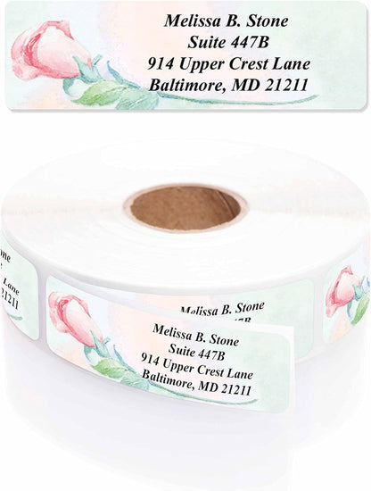 Soft Rose Watercolor Designer Rolled Address Labels with Elegant Plastic Dispenser