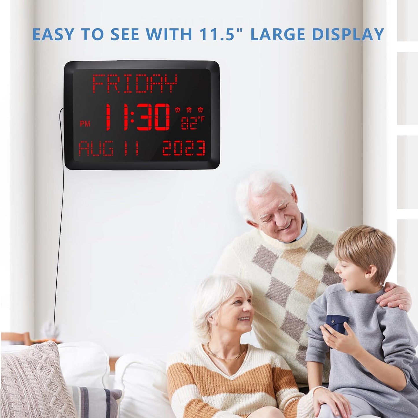 Raynic Digital Clock, 11.5" Large Display Digital Calendar Clock with Day and Date, Indoor Temperature, Adjustable Brightness, Snooze,12/24H, DST for Home, Office, Elderly