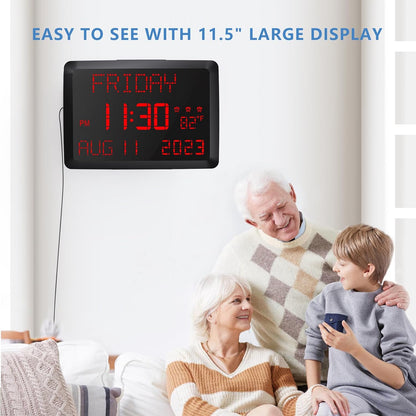 Raynic Digital Clock, 11.5" Large Display Digital Calendar Clock with Day and Date, Indoor Temperature, Adjustable Brightness, Snooze,12/24H, DST for Home, Office, Elderly