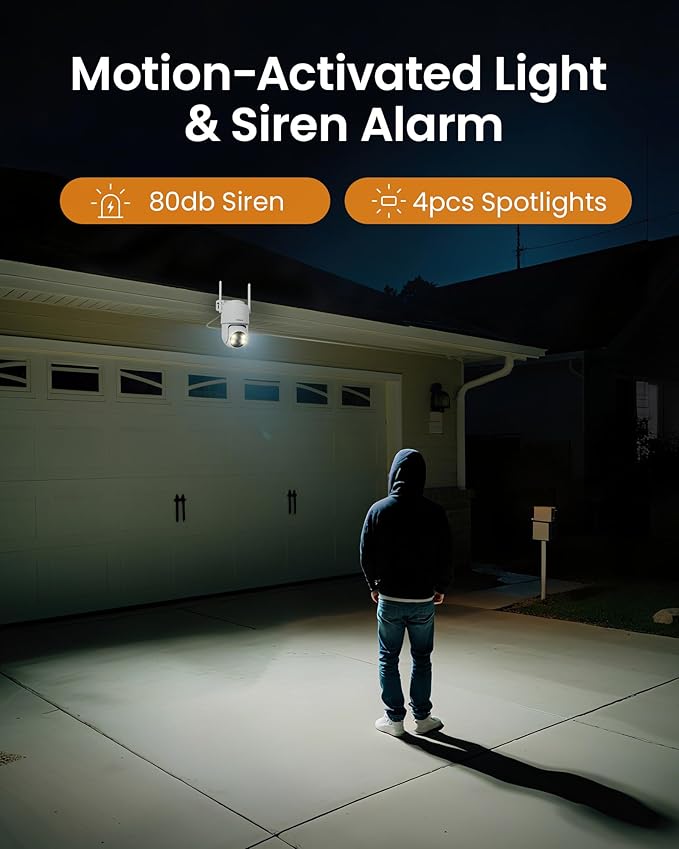 Anlapus C281 3MP 2K Security WiFi Camera Outdoor, 360° Pan/Tilt Wired Security Camera, AI Detection, Auto Track, Color Night Vision, 2-Way Audio, 2.4/5GHz, Light Siren Alarm, Cloud/Memory Card Storage