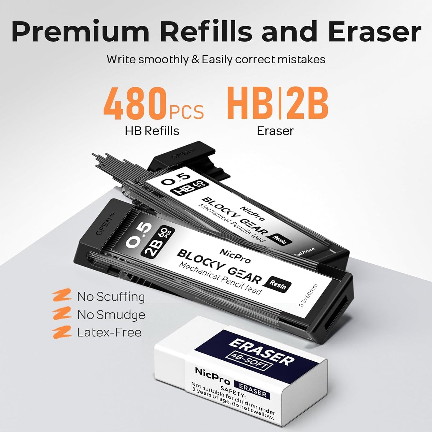 Nicpro 3 Pack Blocky Gear 0.5 mm Metal Mechanical Pencils Set with Case, Lead Drafting Pencil with 8 Tube (480PCS) Lead Refills(HB 2B), 4 Erasers, 18 Eraser Refills for Art Writing, Sketching Drawing