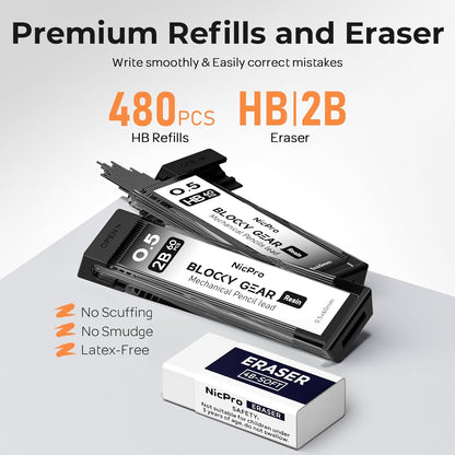 Nicpro 3 Pack Blocky Gear 0.5 mm Metal Mechanical Pencils Set with Case, Lead Drafting Pencil with 8 Tube (480PCS) Lead Refills(HB 2B), 4 Erasers, 18 Eraser Refills for Art Writing, Sketching Drawing