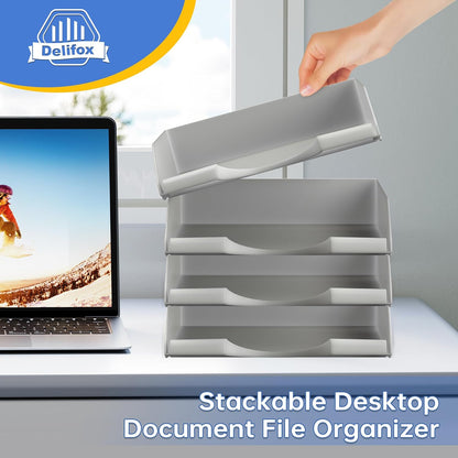 4 Pack Stackable Paper Trays for Letter Documents, Desktop File Organizers for Office Supplies, Stackable Desk Tray Holder for Paper Storage, Gray