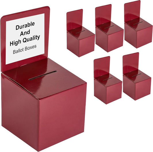 Raffle Ticket Donation Collection Ballot Box Reusable Sturdy thick Cardboard with Slot comment Suggestion Box With Removable Header 6H x 6W x 6D, Display area 6H x 6W(Red 5 pack)