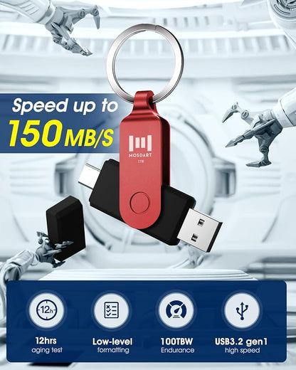 MOSDART 1TB USB3.1 Fast Speed C and A Dual Flash Drive, exFAT Memory Stick with Keychain and LED Indicator, for iPhone 15,16,17, Android Phone, iPad, MacBook, and Other Laptops, Red