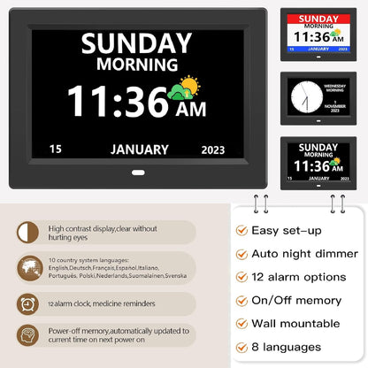11 Inch Digital Clock with Day and Date for Elderly Alzheimer's Clock Customizable Alarms 3 Display Modes Large Font Alarm Clock for Seniors Auto DST