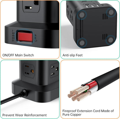 PD20W Surge Protector Power Strip Tower, 15FT Extension Cord with Multiple Outlets, 12 AC 4 USB (1 USB C)，Mini Power Strip with USB Ports, Surge Protector Tower Overload Protection for Office, Desk